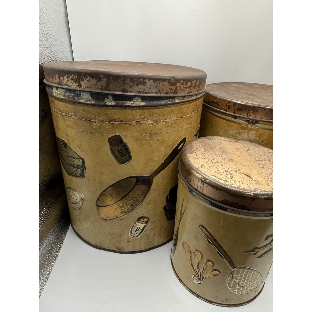 Vintage  MWeibro 4Pc Canister Set Kitchen MCM metal 1950's Rusty Crusty & Fab - Picture 3 of 7